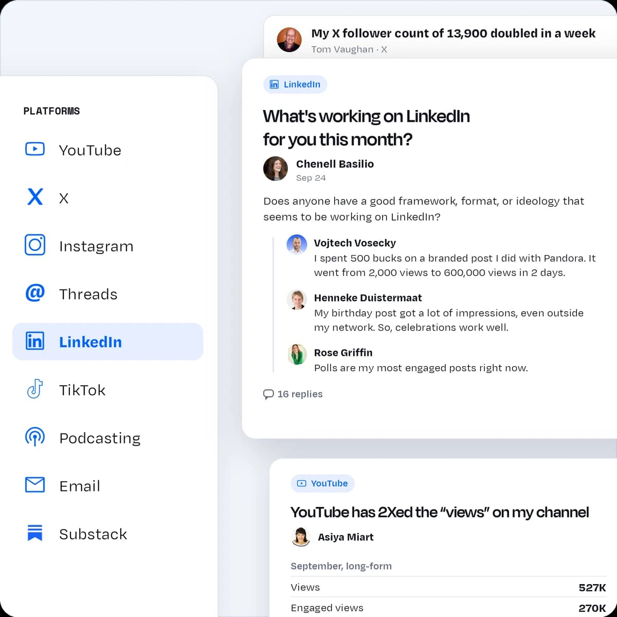 The Lab's platform spaces, with members answering a LinkedIn question and sharing YouTube data
